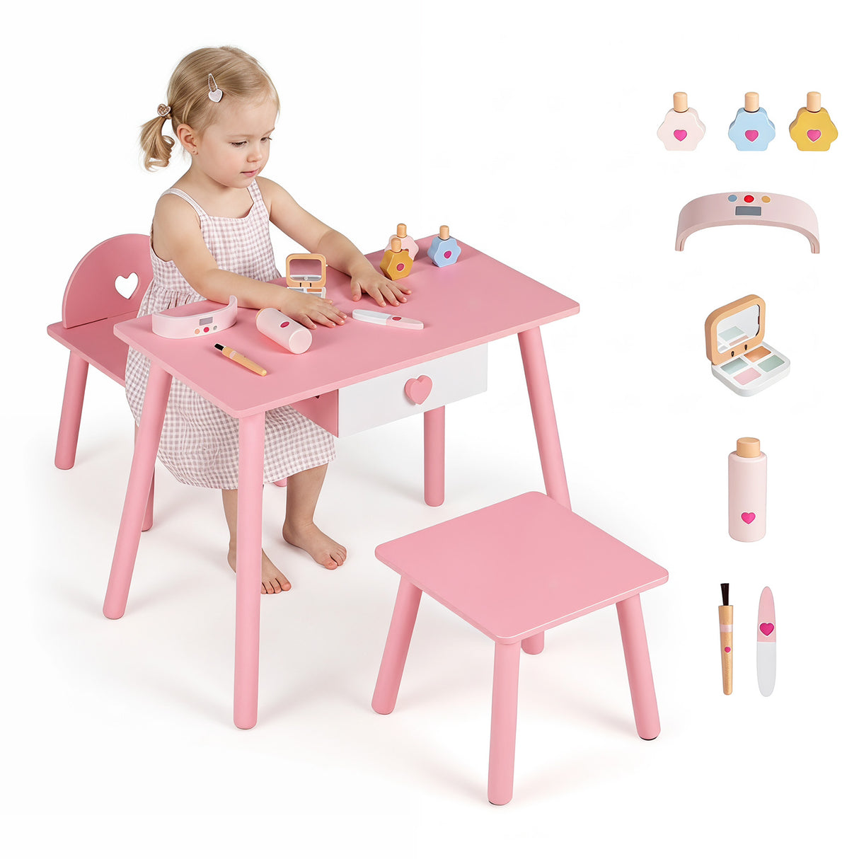 Kids Pretend Nail Salon Playset with Chair & Stool, Wooden Toddlers Makeup & Manicure Kit