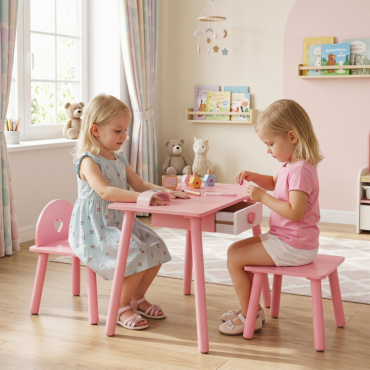 Kids Pretend Nail Salon Playset with Chair & Stool, Wooden Toddlers Makeup & Manicure Kit