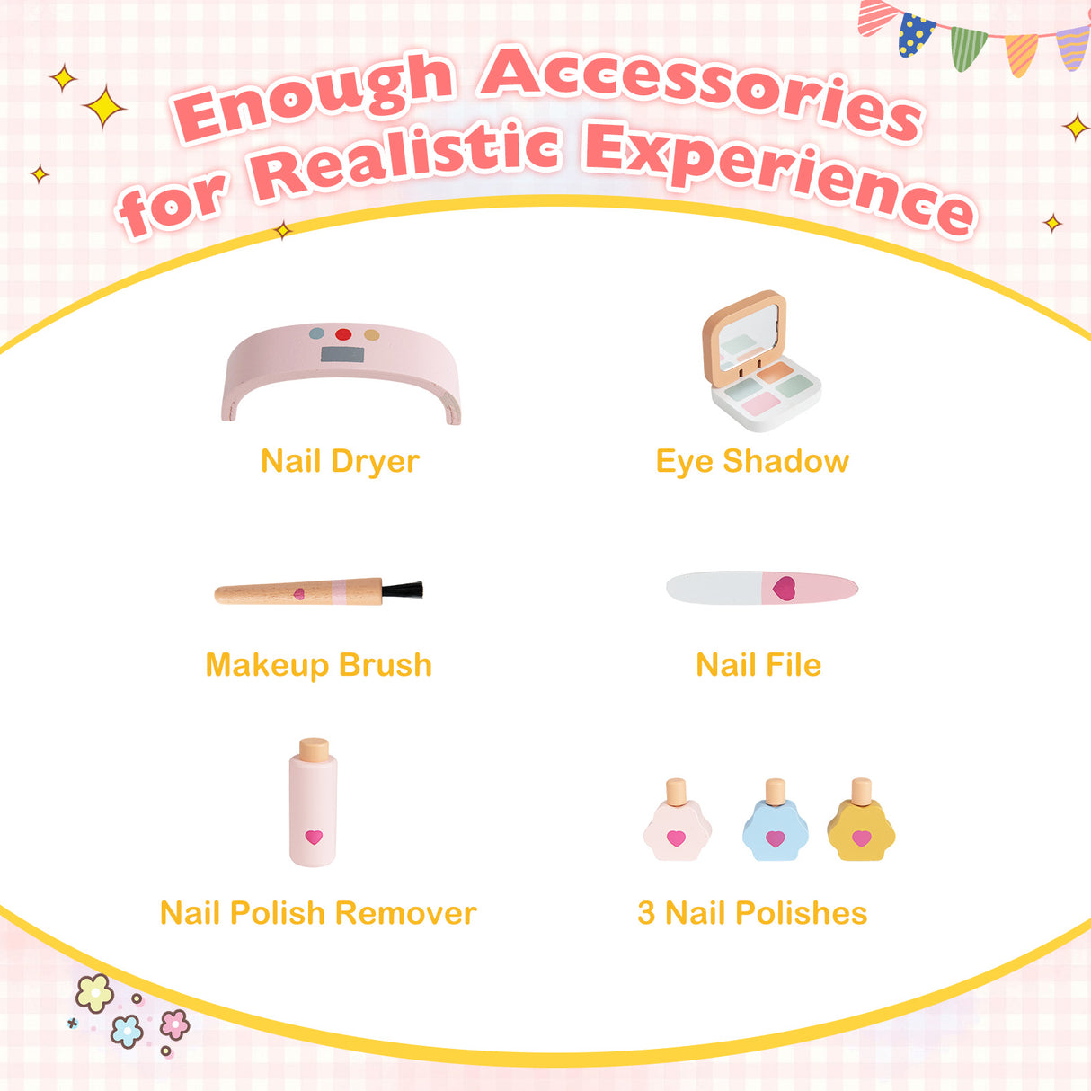 Kids Pretend Nail Salon Playset with Chair & Stool, Wooden Toddlers Makeup & Manicure Kit