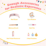 Kids Pretend Nail Salon Playset with Chair & Stool, Wooden Toddlers Makeup & Manicure Kit