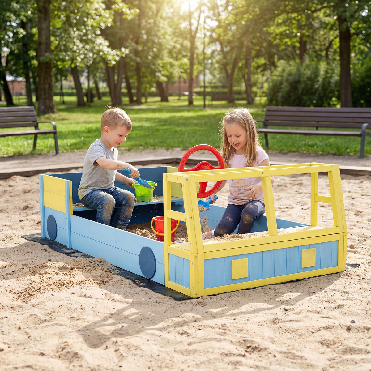 Kids Wooden Sandbox, Large Car-Theme Sand Box