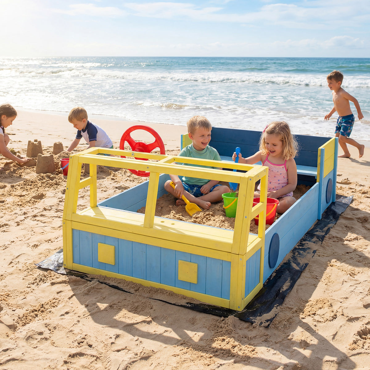 Kids Wooden Sandbox, Large Car-Theme Sand Box