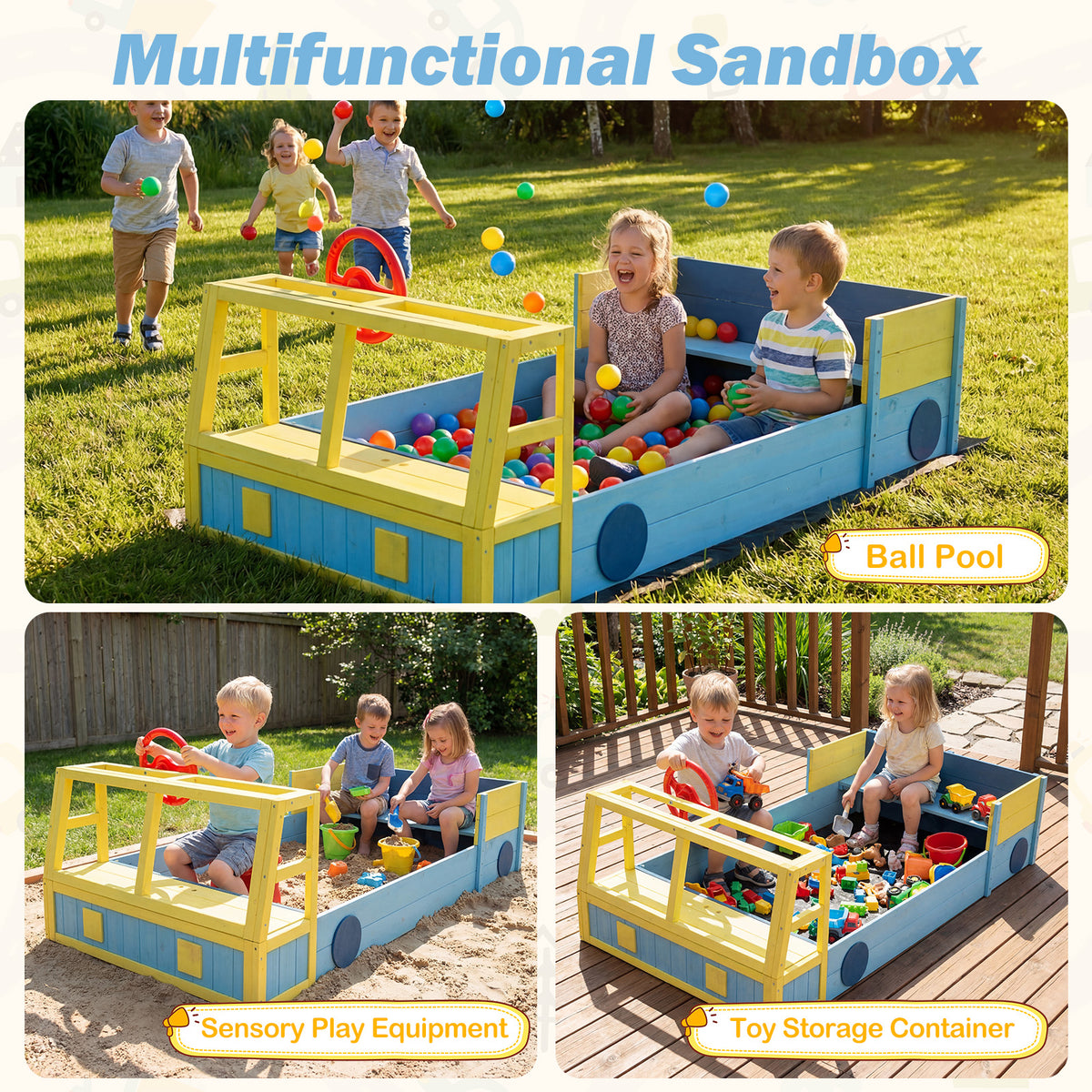Kids Wooden Sandbox, Large Car-Theme Sand Box
