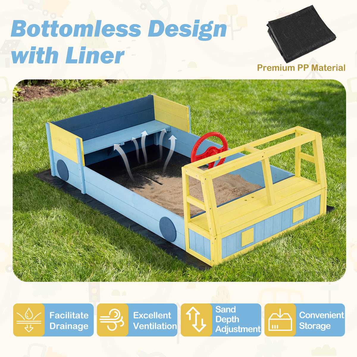 Kids Wooden Sandbox, Large Car-Theme Sand Box