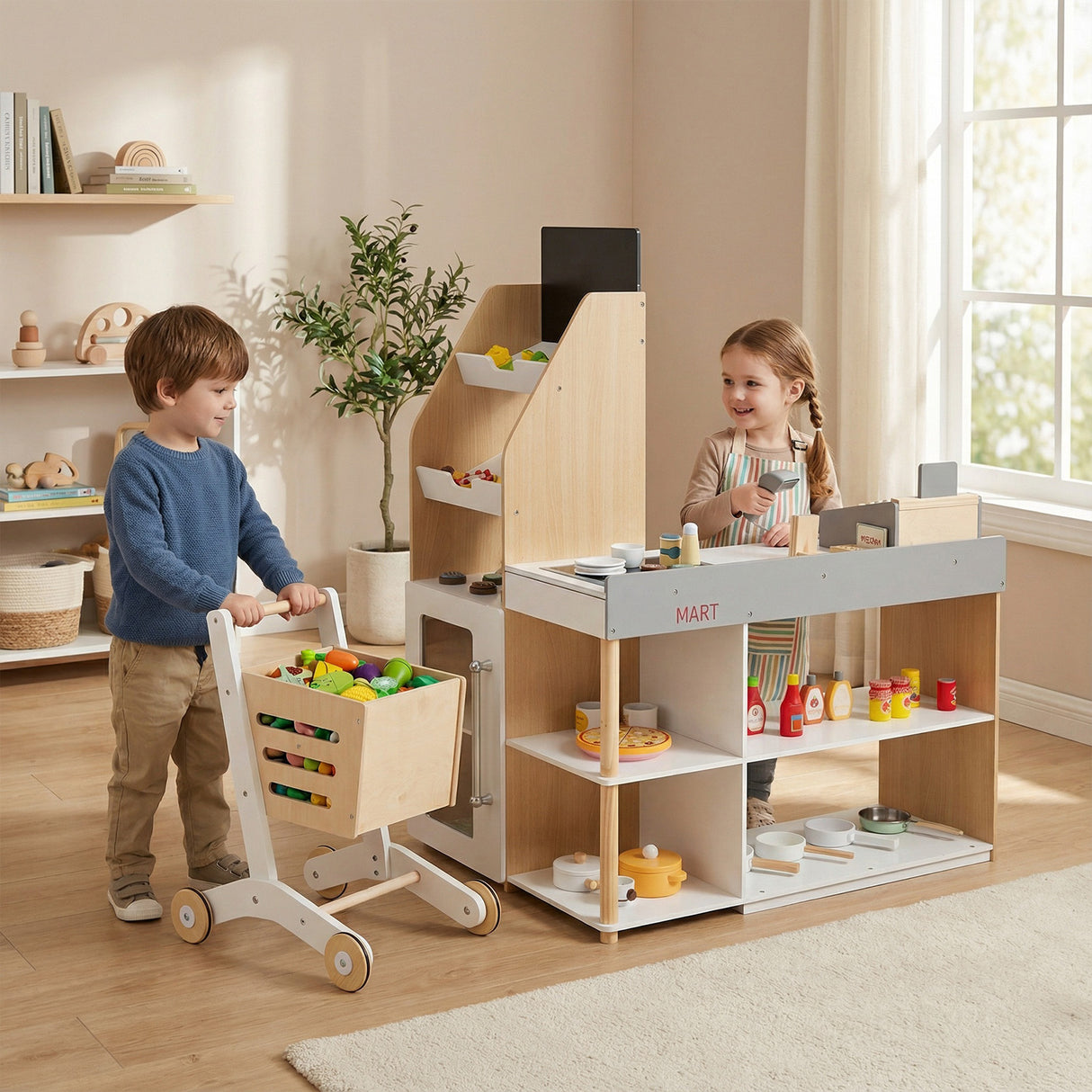 HONEY JOY Pretend Grocery Store Playset, Supermarket Play Toy with Shopping Cart