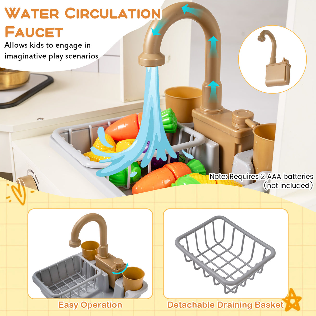 Pretend Play Corner Kitchen Set with Ice Dispenser and Water Circulation Faucet