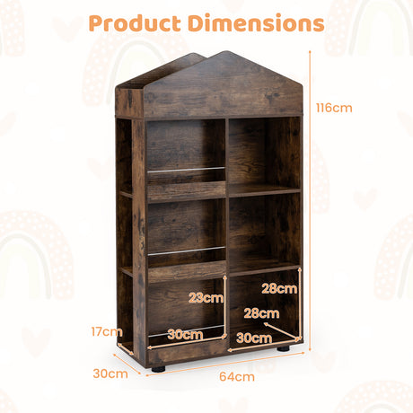 Wooden Kids Bookshelf and Toy Storage, Toddler Dollhouse Bookcase with Multiple Compartments