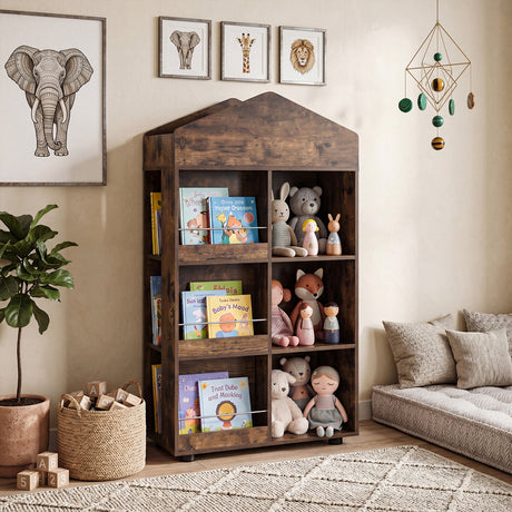 Wooden Kids Bookshelf and Toy Storage, Toddler Dollhouse Bookcase with Multiple Compartments