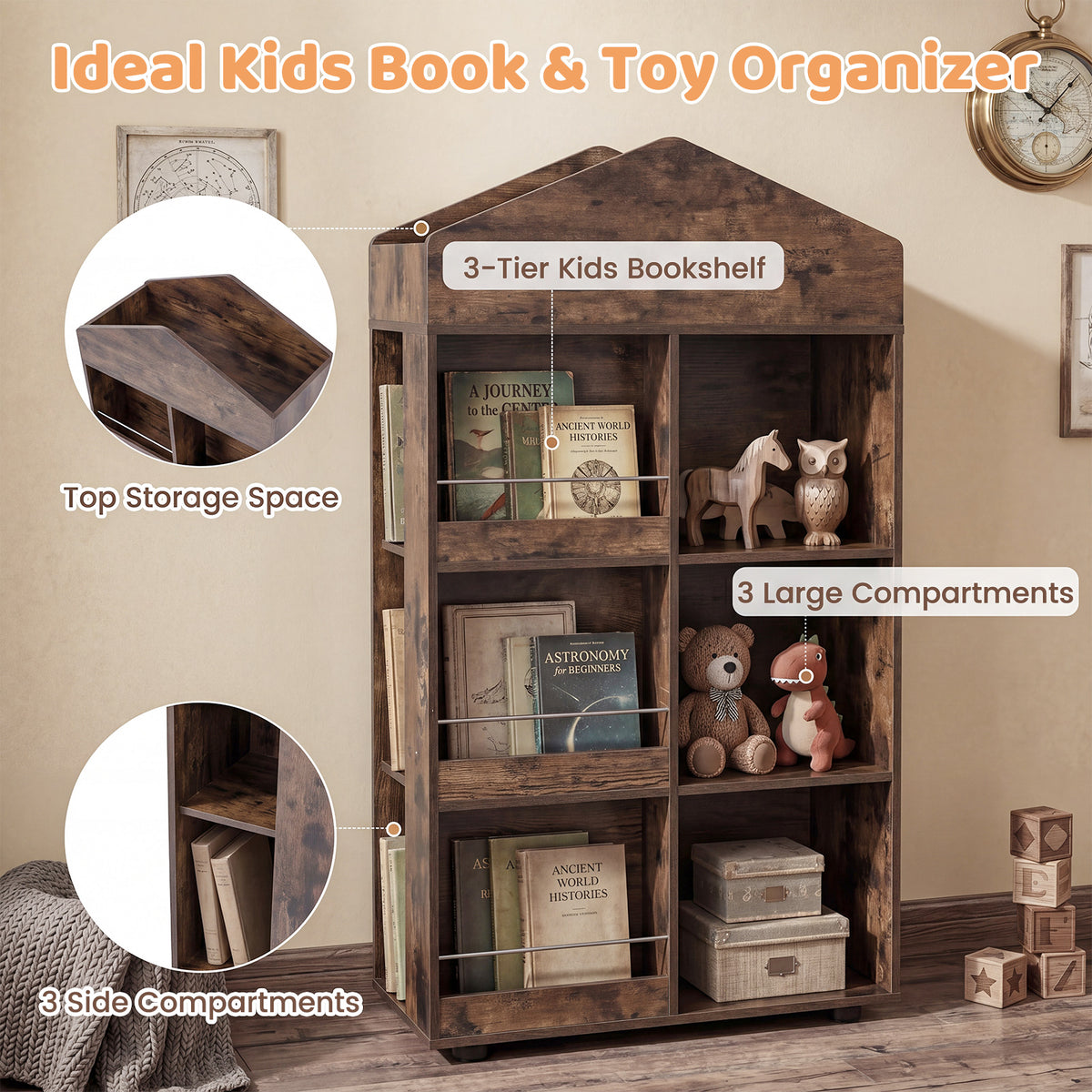 Wooden Kids Bookshelf and Toy Storage, Toddler Dollhouse Bookcase with Multiple Compartments