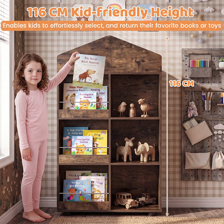 Wooden Kids Bookshelf and Toy Storage, Toddler Dollhouse Bookcase with Multiple Compartments