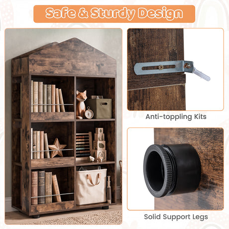 Wooden Kids Bookshelf and Toy Storage, Toddler Dollhouse Bookcase with Multiple Compartments