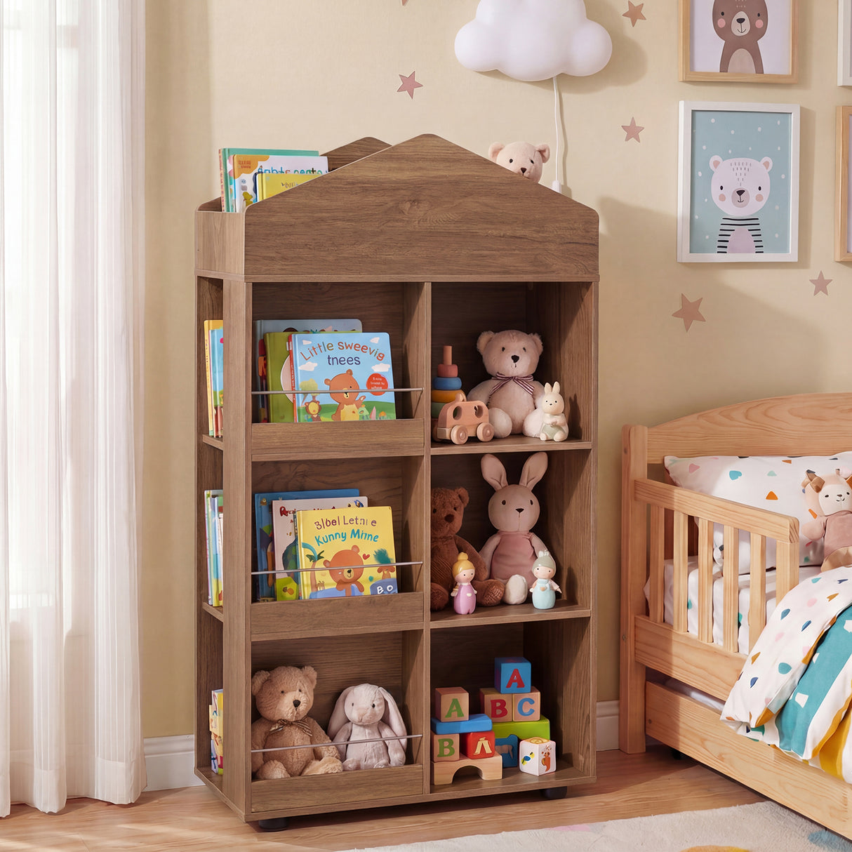 Wooden Kids Bookshelf and Toy Storage, Toddler Dollhouse Bookcase with Multiple Compartments