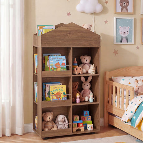 Wooden Kids Bookshelf and Toy Storage, Toddler Dollhouse Bookcase with Multiple Compartments