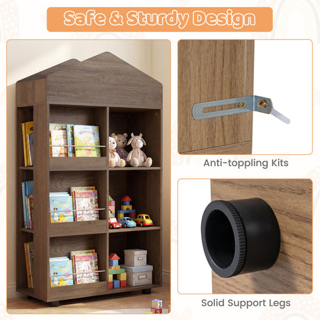 Wooden Kids Bookshelf and Toy Storage, Toddler Dollhouse Bookcase with Multiple Compartments