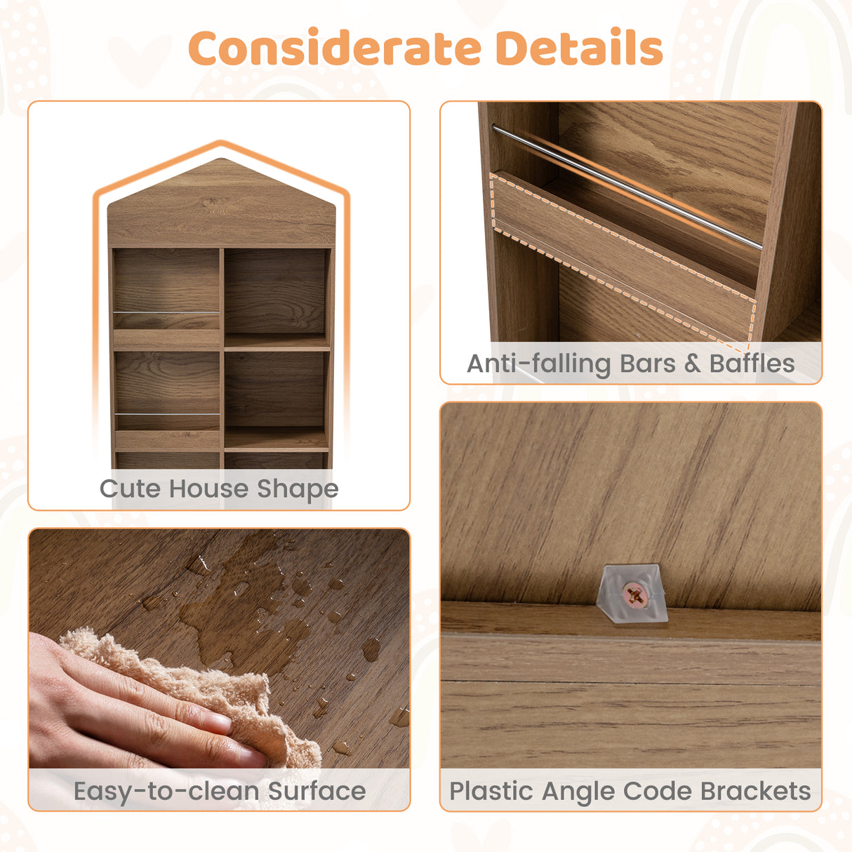 Wooden Kids Bookshelf and Toy Storage, Toddler Dollhouse Bookcase with Multiple Compartments