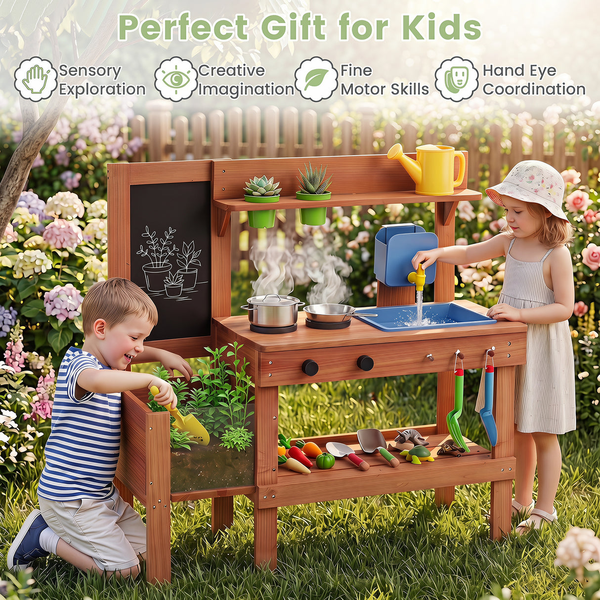 Kids Mud Kitchen Solid Wood with Planter Box Sink Stoves and Chalkboard