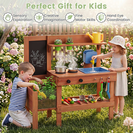 Kids Mud Kitchen Solid Wood with Planter Box Sink Stoves and Chalkboard