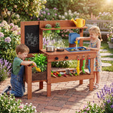 Kids Mud Kitchen Solid Wood with Planter Box Sink Stoves and Chalkboard