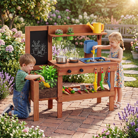 Kids Mud Kitchen Solid Wood with Planter Box Sink Stoves and Chalkboard