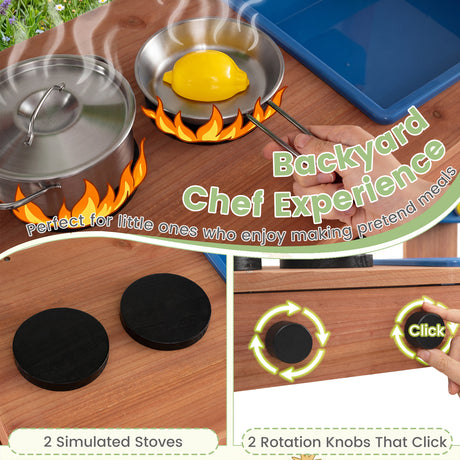 Kids Mud Kitchen Solid Wood with Planter Box Sink Stoves and Chalkboard
