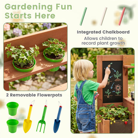 Kids Mud Kitchen Solid Wood with Planter Box Sink Stoves and Chalkboard
