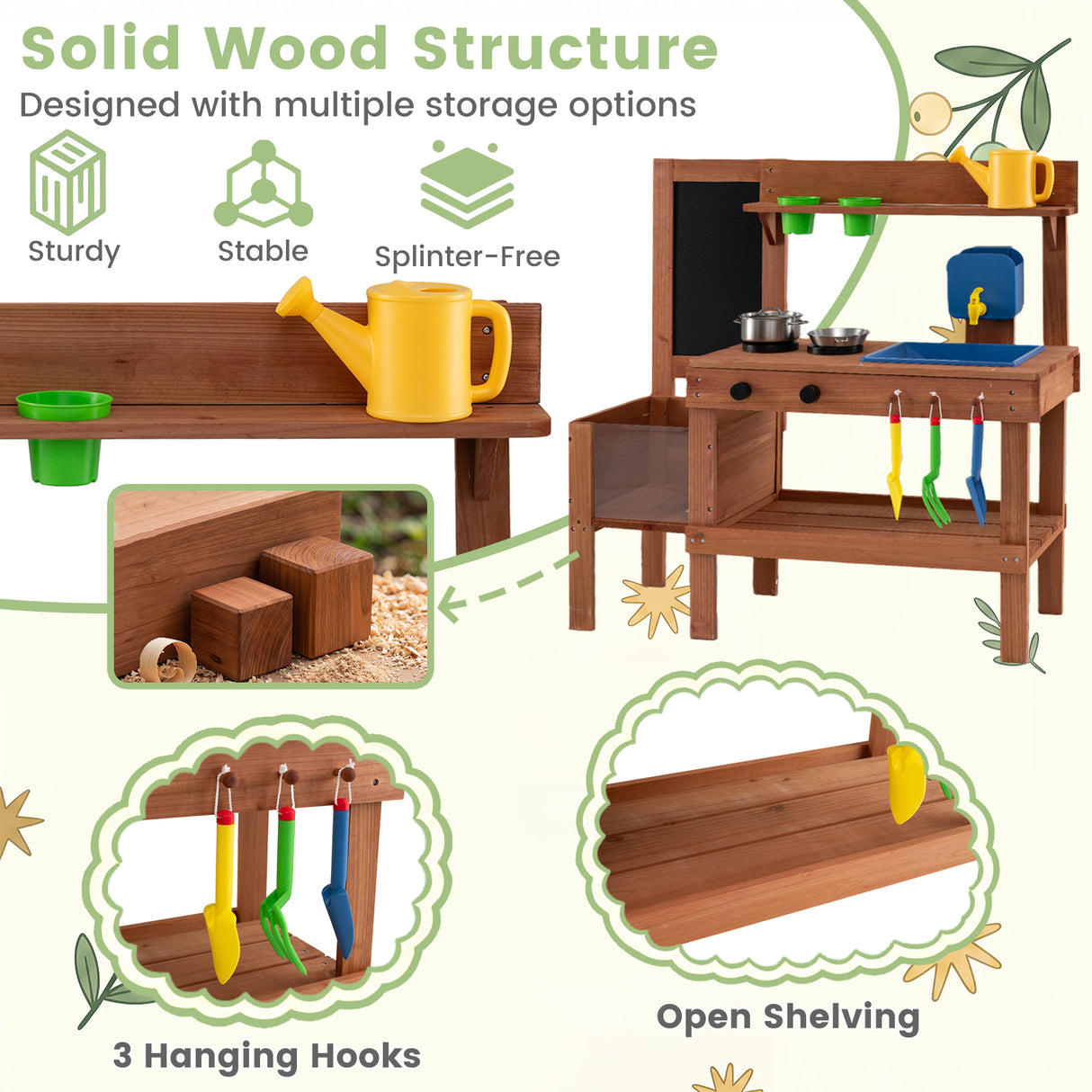 Kids Mud Kitchen Solid Wood with Planter Box Sink Stoves and Chalkboard