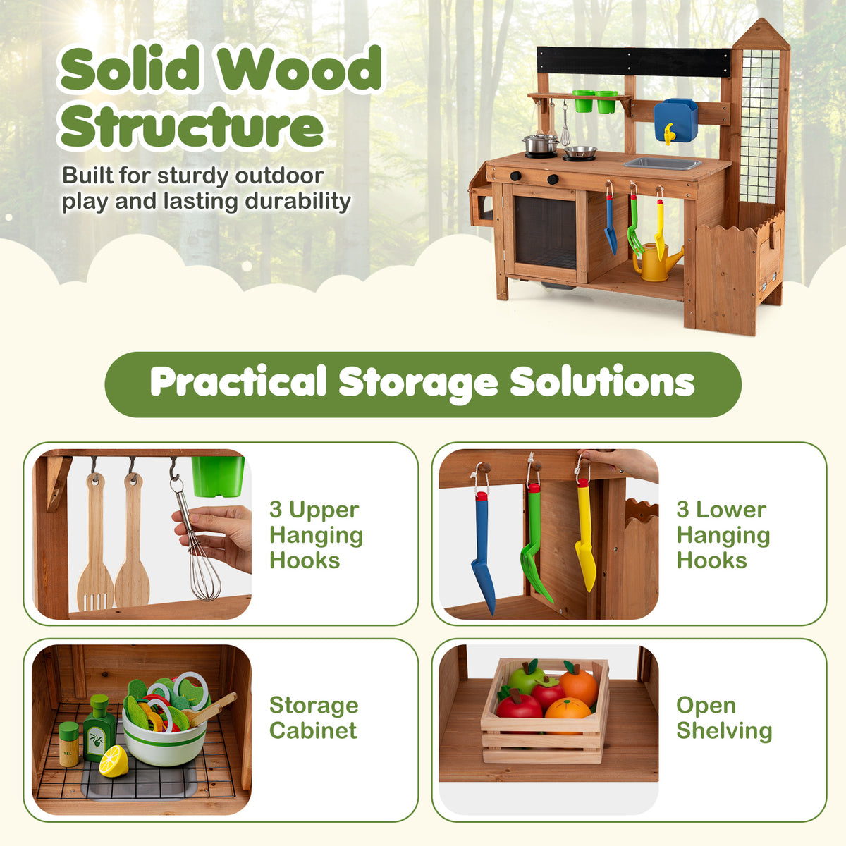 Kids Mud Kitchen, Solid Wood Toddler Kitchen Playset with Detachable Bird Cage