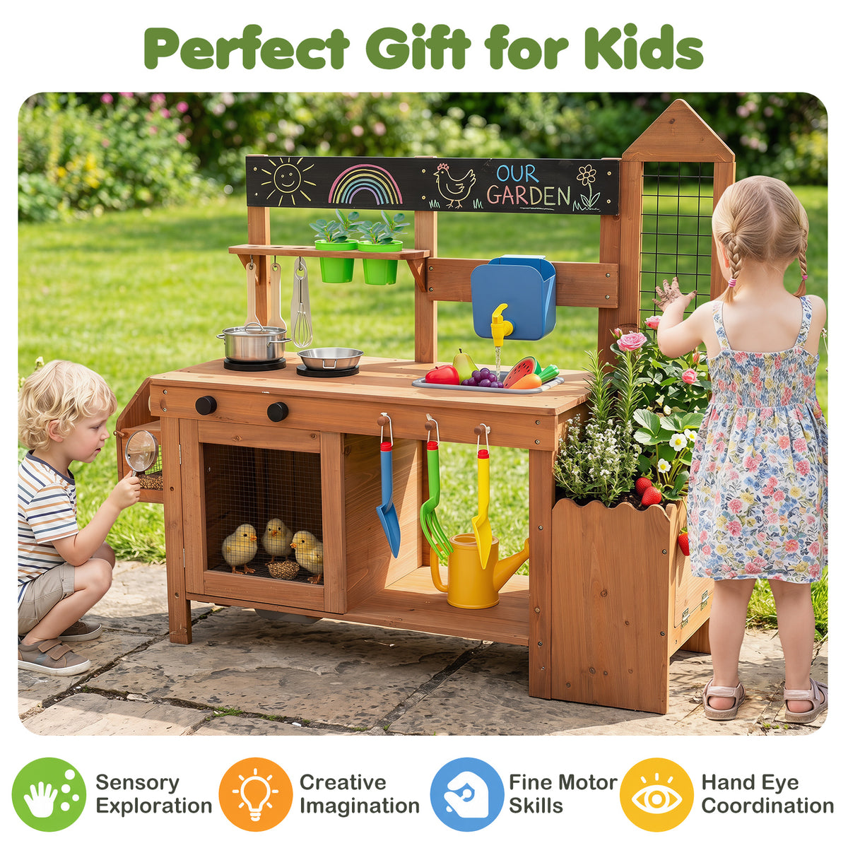 Kids Mud Kitchen, Solid Wood Toddler Kitchen Playset with Detachable Bird Cage