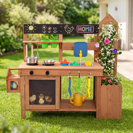 Kids Mud Kitchen, Solid Wood Toddler Kitchen Playset with Detachable Bird Cage
