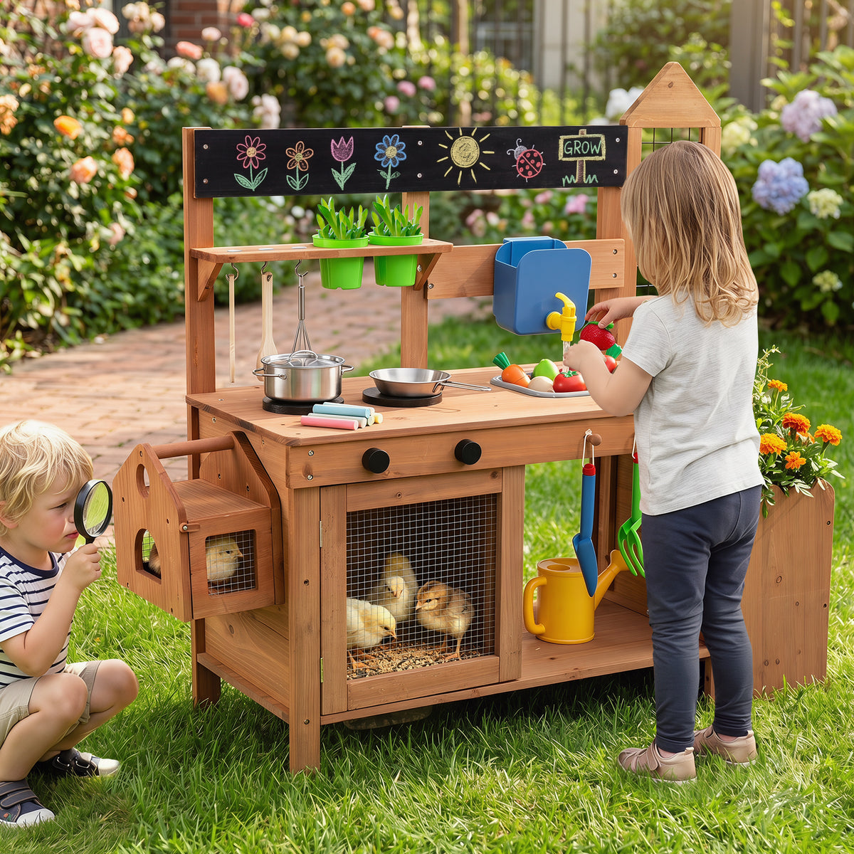 Kids Mud Kitchen, Solid Wood Toddler Kitchen Playset with Detachable Bird Cage