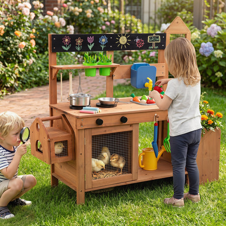Kids Mud Kitchen, Solid Wood Toddler Kitchen Playset with Detachable Bird Cage