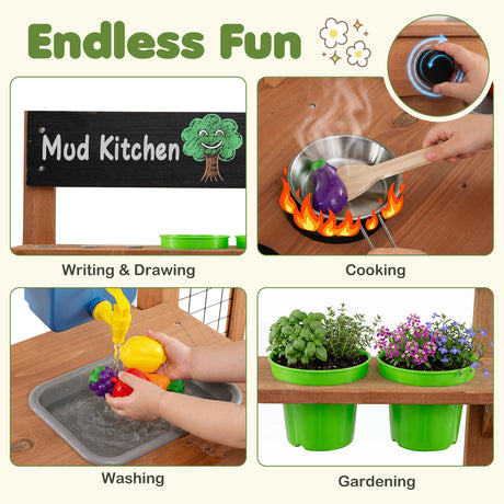 Kids Mud Kitchen, Solid Wood Toddler Kitchen Playset with Detachable Bird Cage