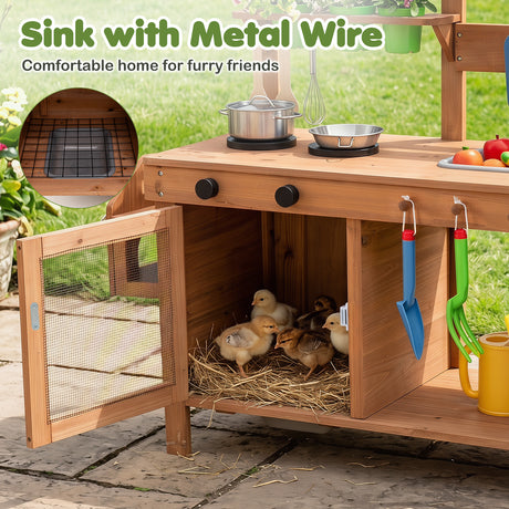Kids Mud Kitchen, Solid Wood Toddler Kitchen Playset with Detachable Bird Cage