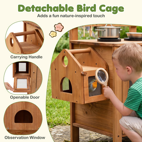 Kids Mud Kitchen, Solid Wood Toddler Kitchen Playset with Detachable Bird Cage