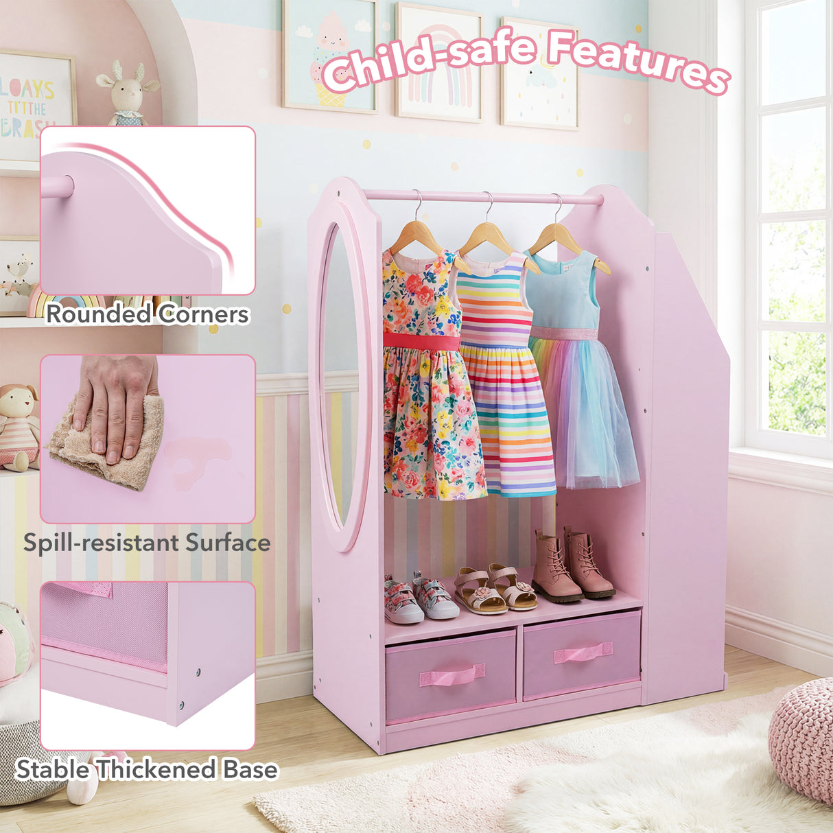HONEY JOY Kids Clothing Rack with Mirror, Dress Up Storage Cabinet