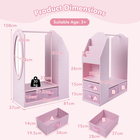 HONEY JOY Kids Clothing Rack with Mirror, Dress Up Storage Cabinet