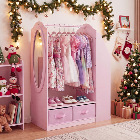 HONEY JOY Kids Clothing Rack with Mirror, Dress Up Storage Cabinet