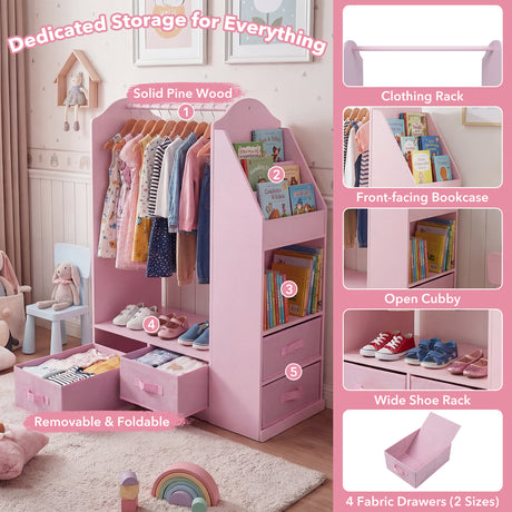 HONEY JOY Kids Clothing Rack with Mirror, Dress Up Storage Cabinet