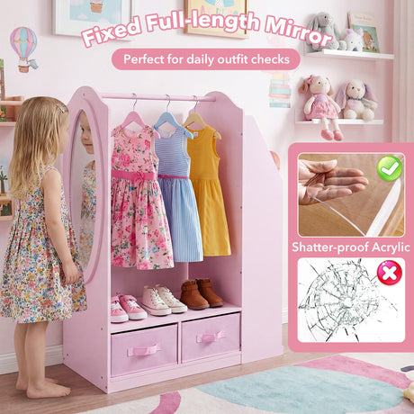 HONEY JOY Kids Clothing Rack with Mirror, Dress Up Storage Cabinet