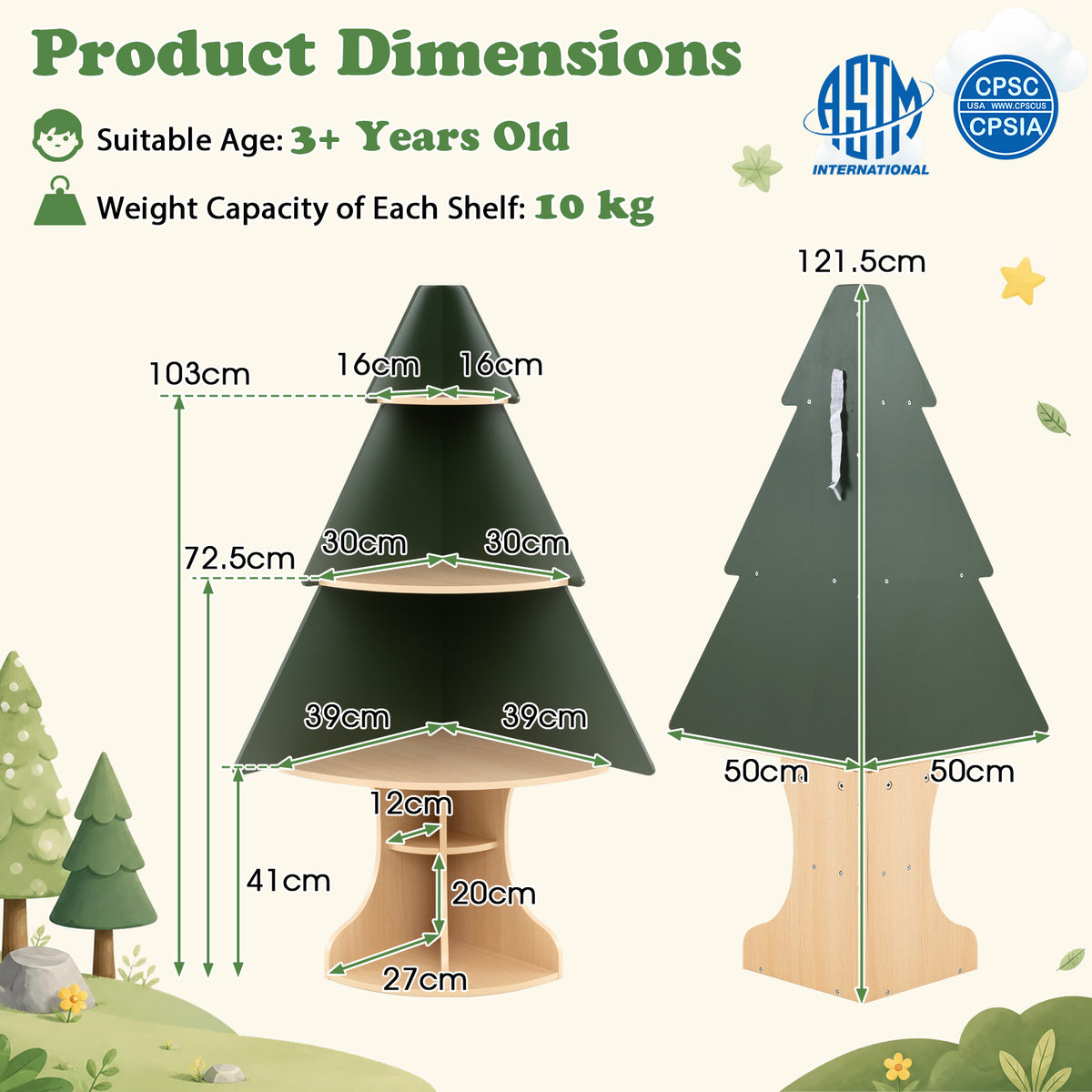 Corner Tree Bookshelf for Kids, Wooden Montessori Toddler Bookcase