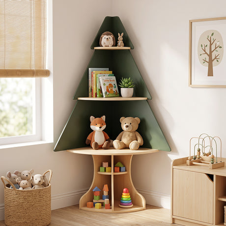 Corner Tree Bookshelf for Kids, Wooden Montessori Toddler Bookcase