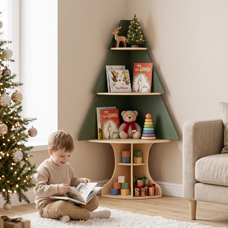 Corner Tree Bookshelf for Kids, Wooden Montessori Toddler Bookcase