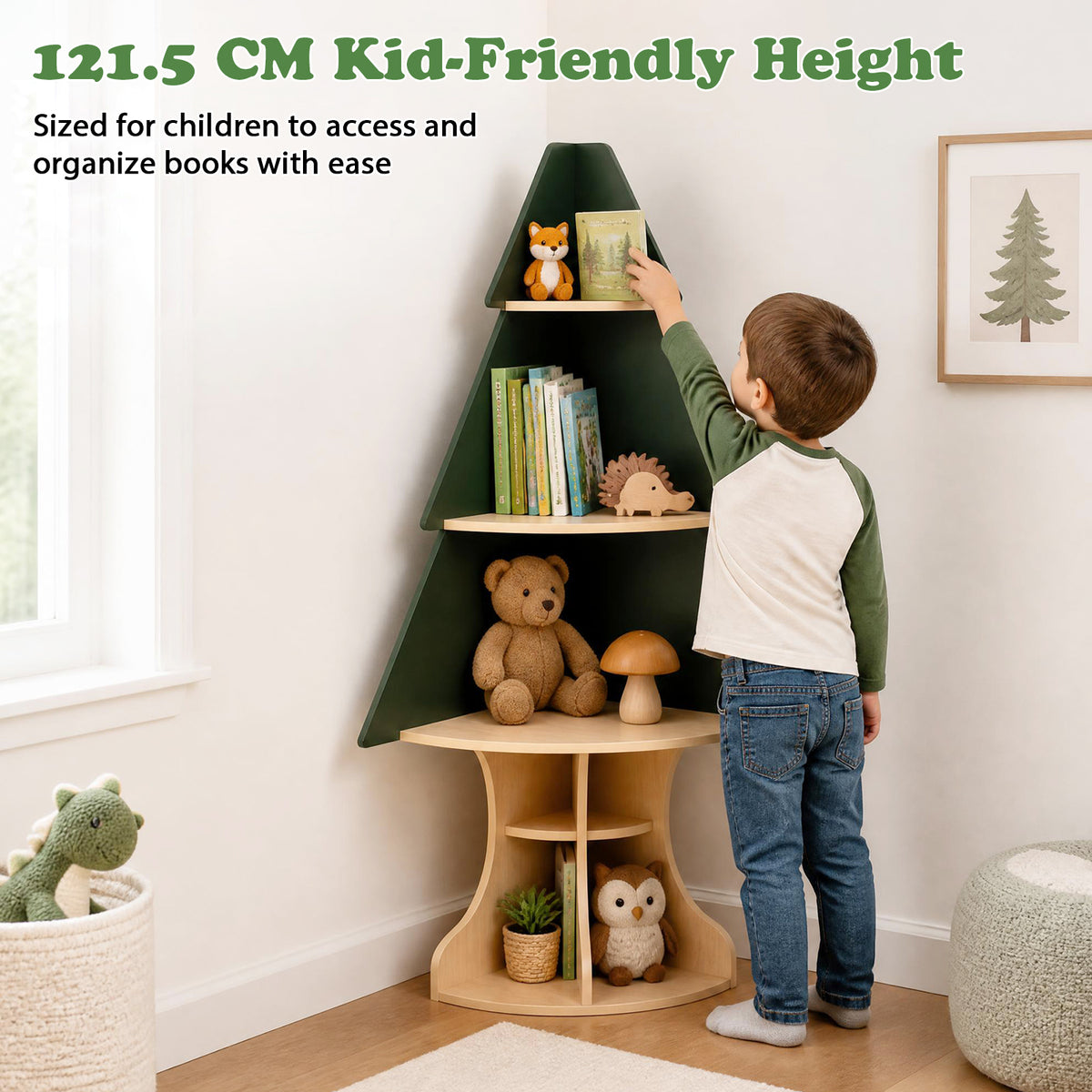 Corner Tree Bookshelf for Kids, Wooden Montessori Toddler Bookcase