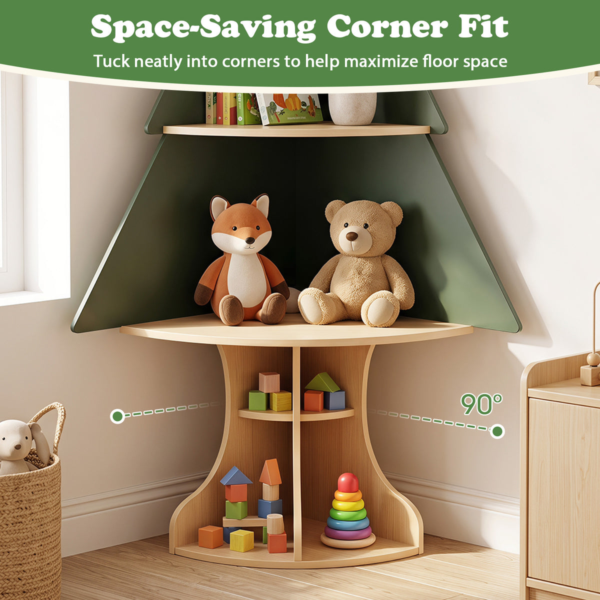 Corner Tree Bookshelf for Kids, Wooden Montessori Toddler Bookcase
