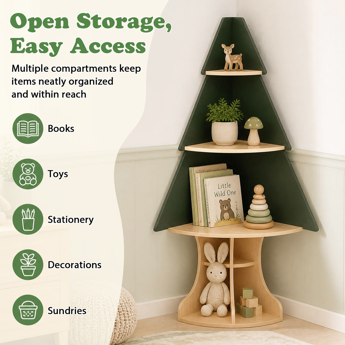 Corner Tree Bookshelf for Kids, Wooden Montessori Toddler Bookcase