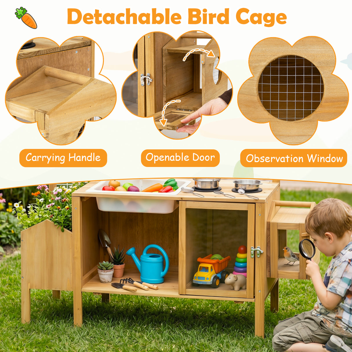 Honey Joy Mud Kitchen for Kids, Pretend Play Kitchen with Detachable Bird Cage, Trellis, Planter Box, Sink, Stoves
