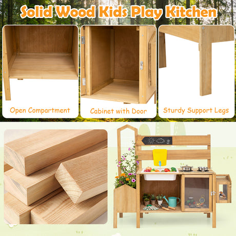 Honey Joy Mud Kitchen for Kids, Pretend Play Kitchen with Detachable Bird Cage, Trellis, Planter Box, Sink, Stoves