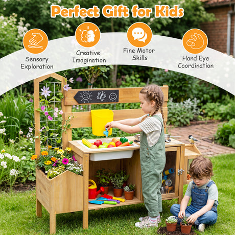 Honey Joy Mud Kitchen for Kids, Pretend Play Kitchen with Detachable Bird Cage, Trellis, Planter Box, Sink, Stoves