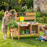 Honey Joy Mud Kitchen for Kids, Pretend Play Kitchen with Detachable Bird Cage, Trellis, Planter Box, Sink, Stoves