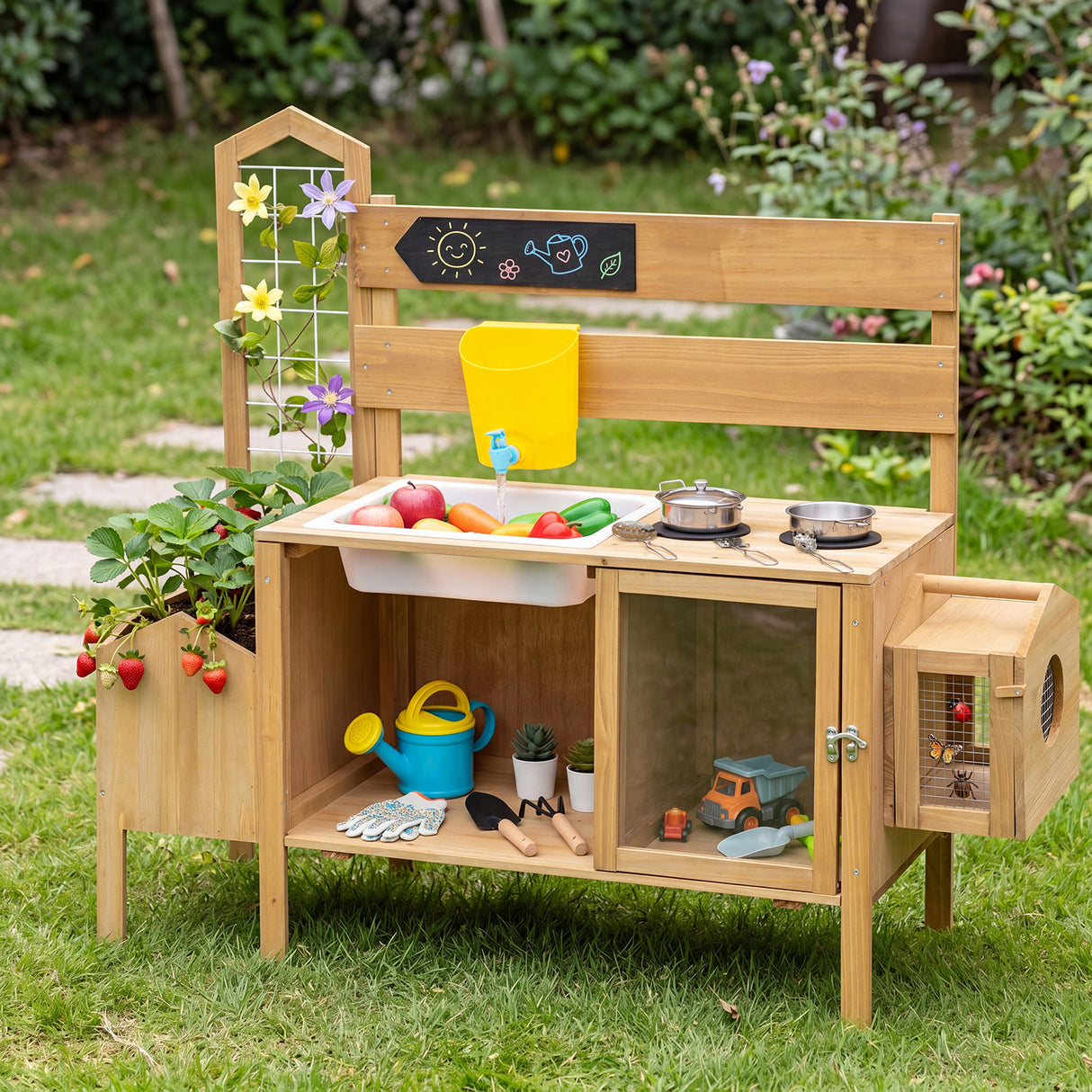 Honey Joy Mud Kitchen for Kids, Pretend Play Kitchen with Detachable Bird Cage, Trellis, Planter Box, Sink, Stoves